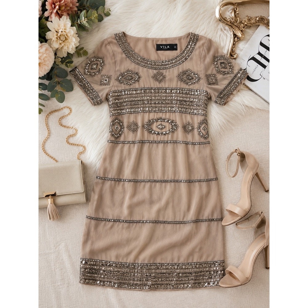 Vila Clothes Vidame Beaded Sequin Shift Dress Beige Tan XS New 14030622